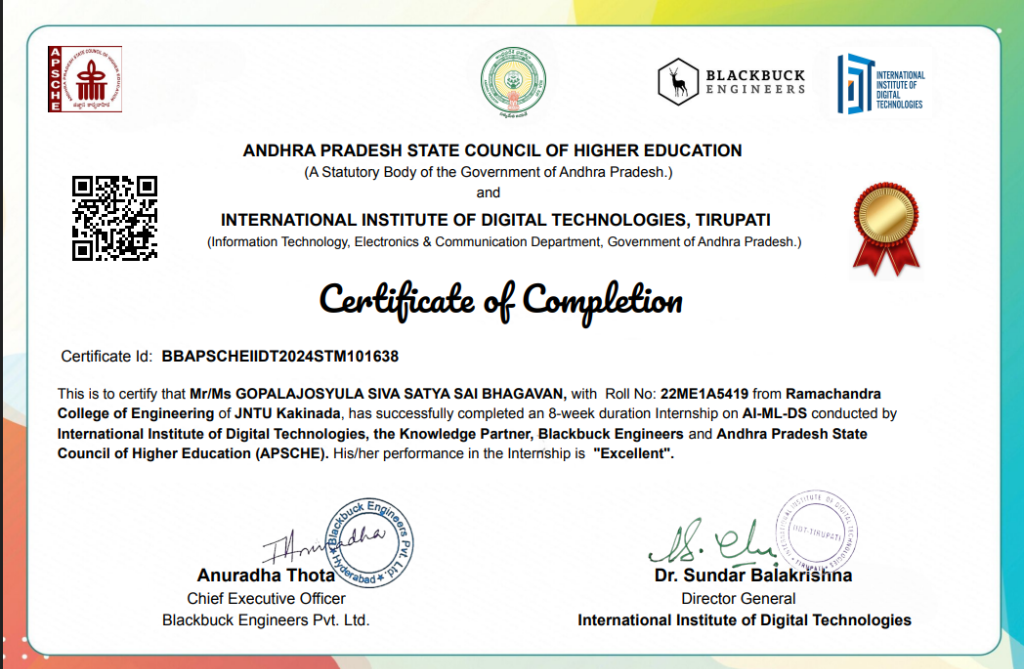 Blackbucks Machine Learning Internship Certificate