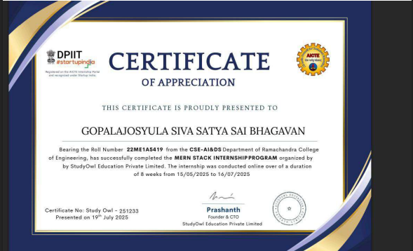 StudyOwl Software Development Internship Certificate
